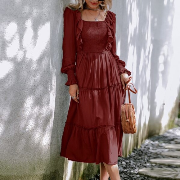 Boho Burgundy Red Ruffle A-line Midi Dress Minimalist - Picture 11 of 11